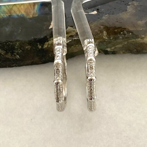 Sterling Silver 925 DBJ Bamboo Style Single Diamond Hoop Earrings MISSING STONE - Picture 8 of 16